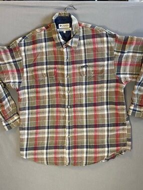 Vintage Columbia Plaid Flannel Button-Down Shirt in Olive, Red & Navy